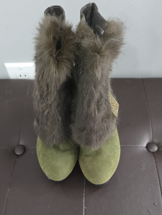 Shoes - Olive Green Faux Fur Trim Women's Ankle Boots